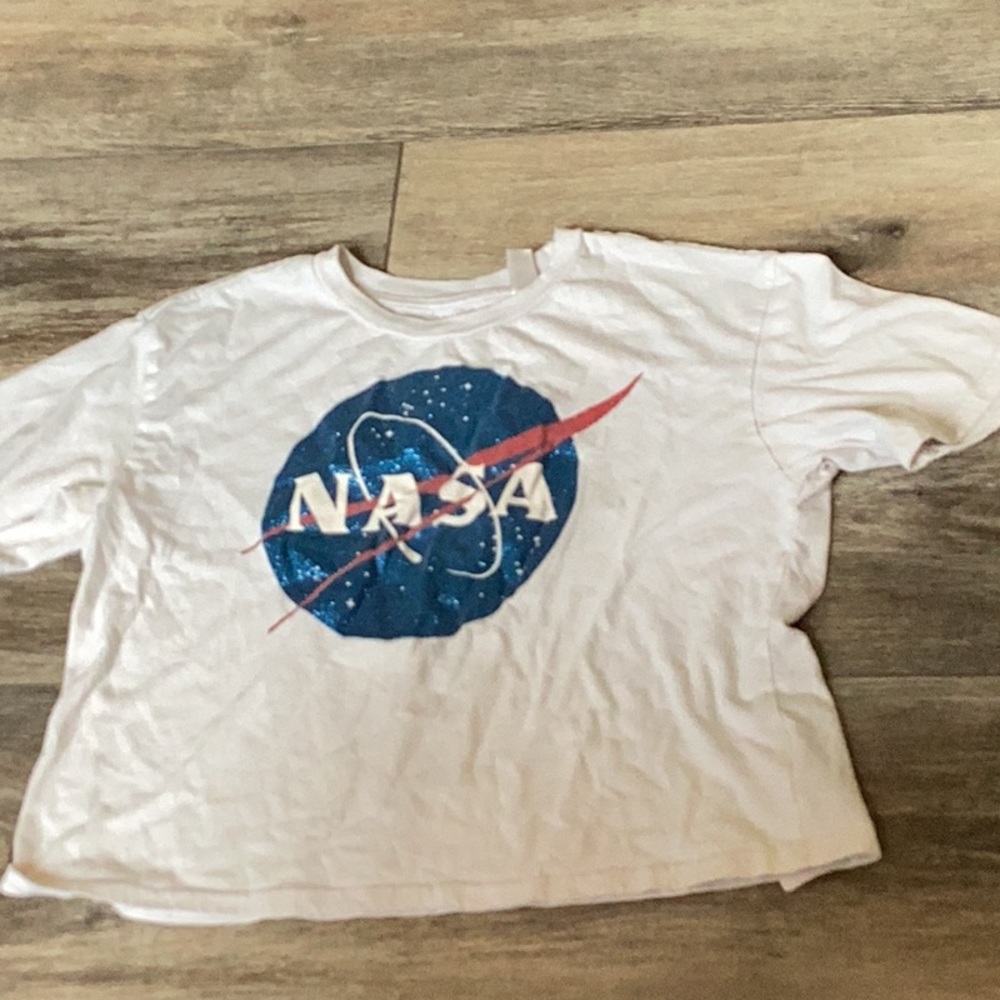 White blue and red nasa crop top